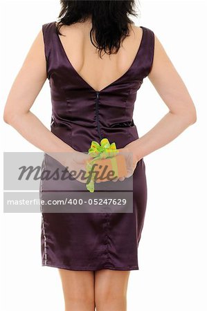 woman with orange gift isolated on white background