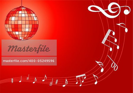 Music background with discoball and note pattern, element for design, vector illustration