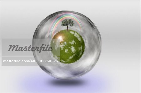 Green globe inside transparent container