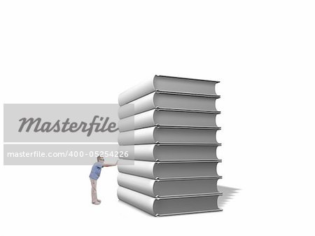 Boy pushing pile of white books over white background