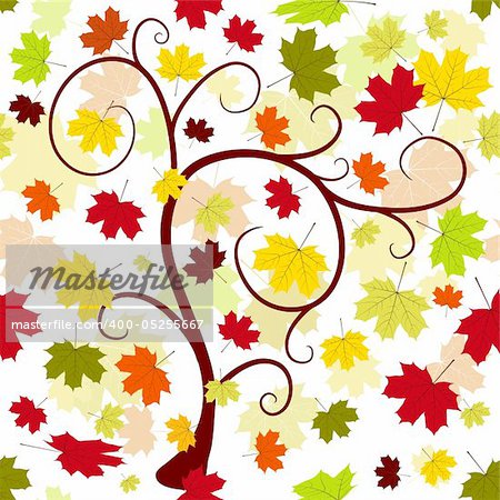 Floral seamless autumn pattern with tree and colorful leaves (vector)