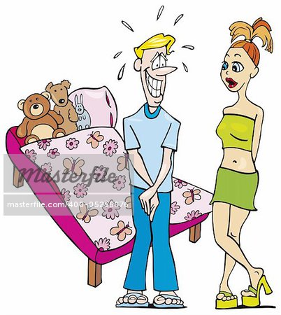 Humorous illustration of shamed guy and surprised woman