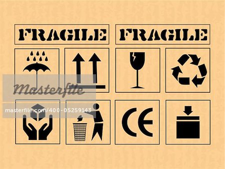 Cardboard box with safety fragile signs. Vector.