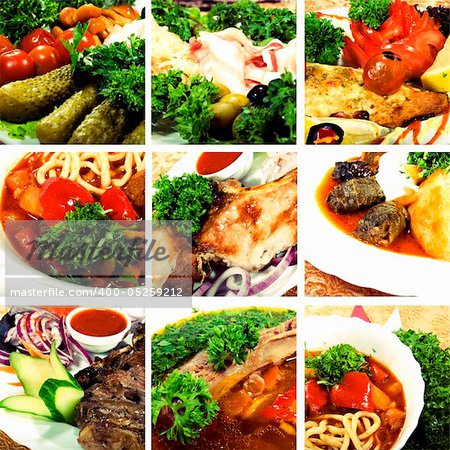 Collage of dishes, including cold collation, soup and meat dishes