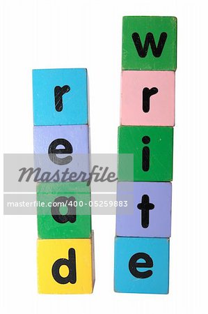 toy letters that spell read and write against a white background with clipping path
