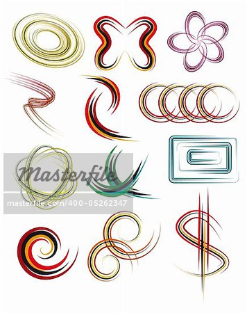 A set of abstract design elements. Vector illustration. Vector art in Adobe illustrator EPS format, compressed in a zip file. The different graphics are all on separate layers so they can easily be moved or edited individually. The document can be scaled to any size without loss of quality.