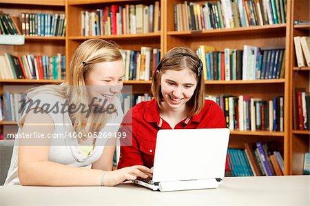 Teen girls using a netbook to do research in the library.  Room for Text