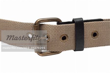 Cloth belt with iron buckle on white background