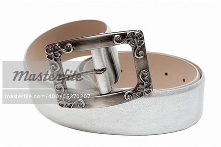 Leather silvery feminine belt, buckle with pattern