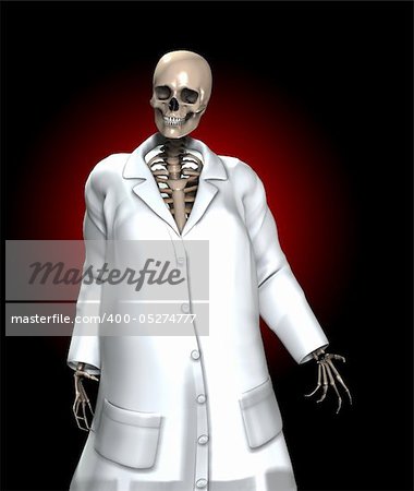 A skeleton that is dressed in a doctors uniform.