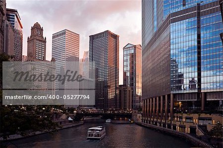 Sunset by Chicago River in downtown Chicago.