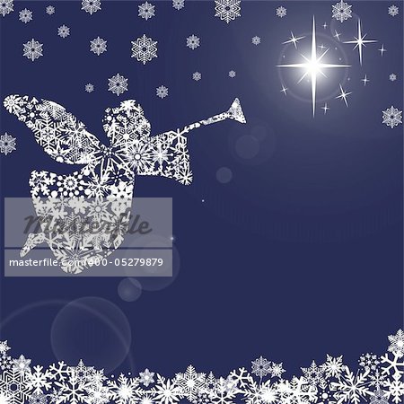 Christmas Angel with Trumpet and Snowflakes Blue Background