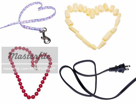 Grouping of four everyday items in heart shapes including a pet leash, a red necklace, pieces of baby corn and a black power cord.  Love is in the air!  Isolated on white with a clipping path.