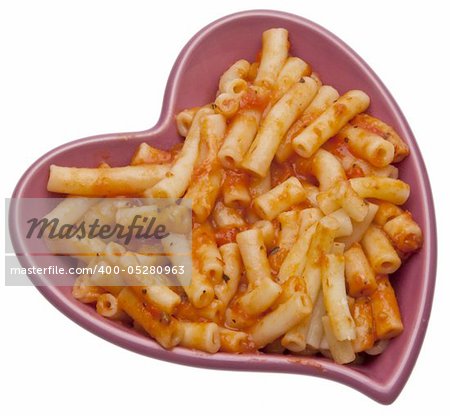 Pasta with Cheese and Red Sauce in a Heart Shaped Bowl. Isolated on White with a Clipping Path.