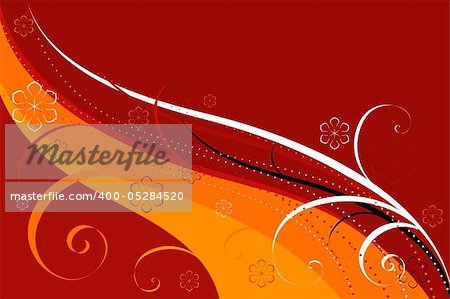 Abstract background of red-orange colour with curls and flowers