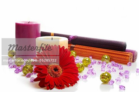 beautiful spa background with 2 candles and flower. isolated on white background