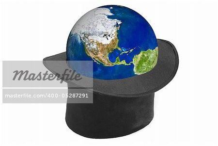 Black hat and earth planet isolated on a white background