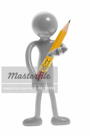 Miniature Figure Holding Pencil on White Background Miniature Figure Holding Pencil on White Background
