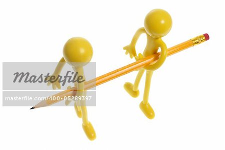 Rubber Figures Carrying Pencil on White Background