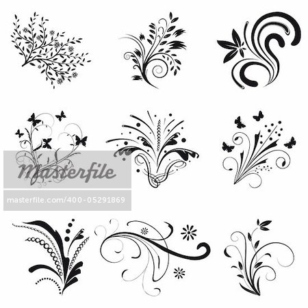 Set of floral design elements. Vector illustration. Vector art in Adobe illustrator EPS format, compressed in a zip file. The different graphics are all on separate layers so they can easily be moved or edited individually. The document can be scaled to any size without loss of quality.