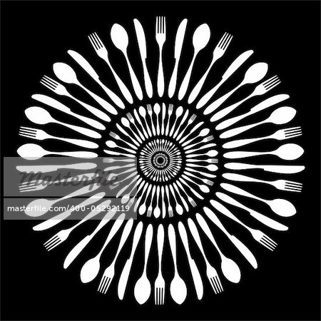 Cutlery icons. White cutlery silhouettes in circle on black background. Vector available