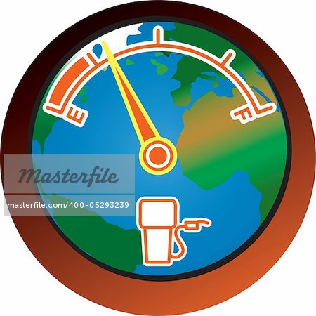 An earth shaped fuel gauge running low on gasoline.