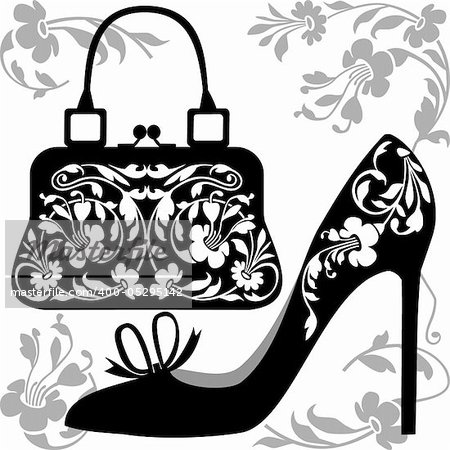 Black silhouettes of women shoe and bag with ornaments, on white background.