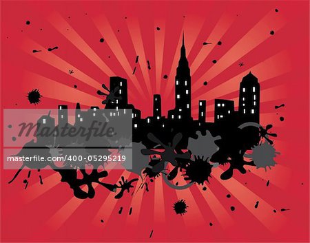 vector illustration of grunge city on red light burst background