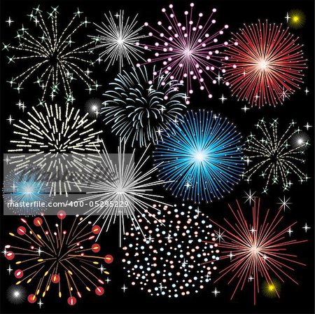 vector illustration of  fireworks on black background