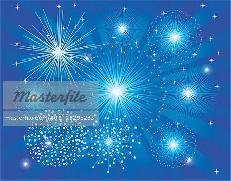 vector illustration of blue fireworks on light burst background