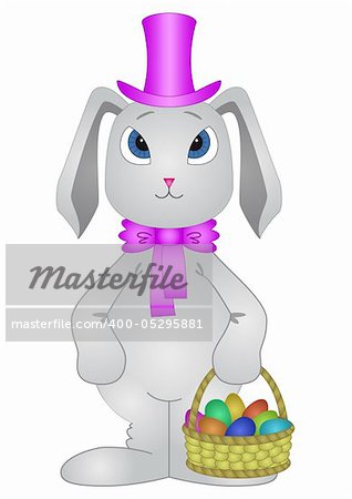 Easter vector, rabbit with a basket of Easter eggs