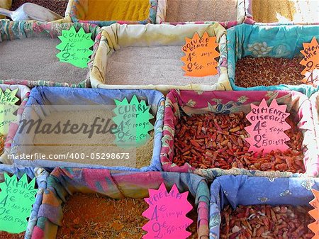 Spices for sale in market in Old City of Nice, France