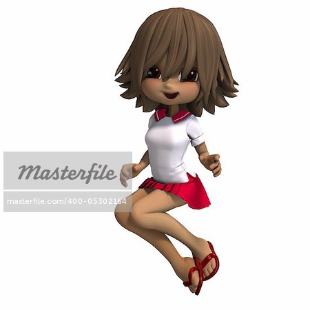 cute little cartoon school girl has a lot of fun. 3D rendering with clipping path and shadow over white
