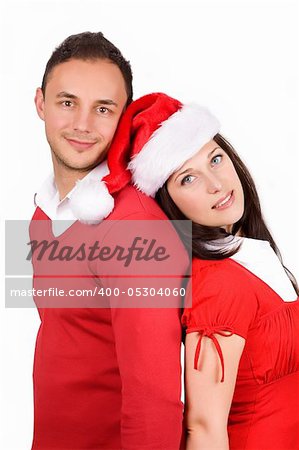 in love young couple brunette in red christmas clothes