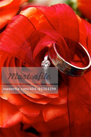 Two white gold wedding rings on a red rose