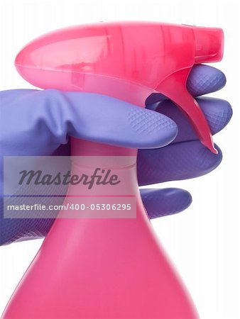 Purple Pink Gloved Hand on Spray Bottle Cleaning Concept.