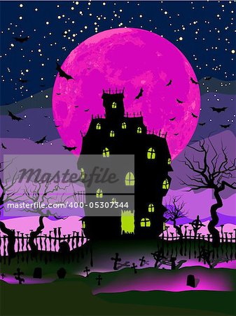 Grungy Halloween background with haunted house, bats and full moon. EPS 8 vector file included