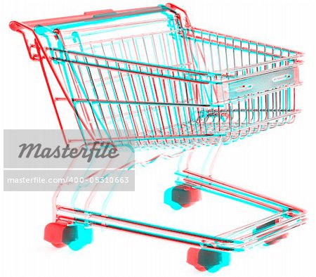 3D Anaglyph of shopping trolley isolated on white background, for viewing stereo glasses are needed