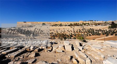 View from Ancient Jewish Cemetery  to Walls of the Old City of Jerusalem