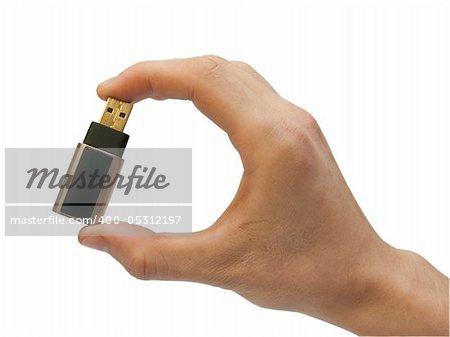 Hand with flash memory on white background