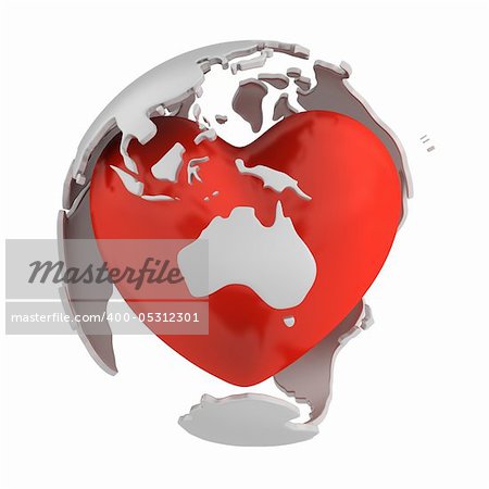 Globe with heart, Australia part isolated on white background