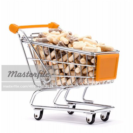 Carts on a white background filled with pills