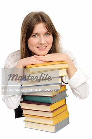 student girl with books on white background