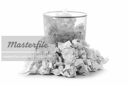 Garbage bin with paper waste isolated on white