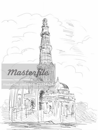 hand drawn illustration of the Qutub Minara tower Delhi India