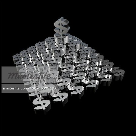 It's a render of Silver 3D Pyramid of Dollar on black background with high resolution.