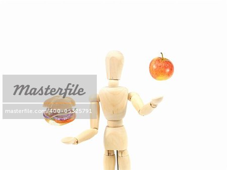 A manikin juggling food on a white background