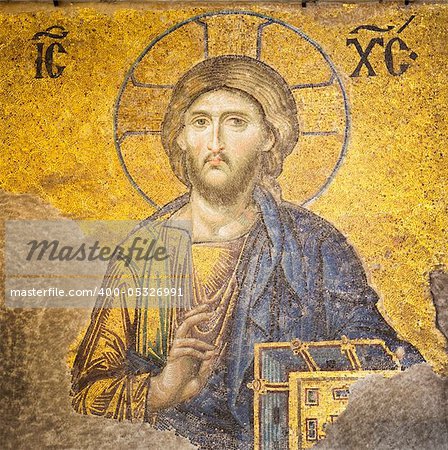 Mosaic of Jesus Christ found in the old church of Hagia Sophia in Istanbul, Turkey.