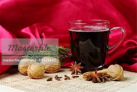 Mulled wine with cinnamon, star anise, walnuts, cloves and a branch of evergreen on mat with red fabric as background (Selective Focus)