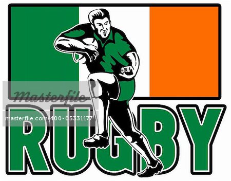 illustratino of rugby player running fending off with ireland flag in background